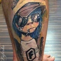 Cartoon style colored leg tattoo of funny boy with cigarette