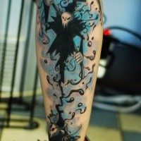 Cartoon style colored leg tattoo of Grimm reaper with cool mask