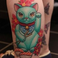 Cartoon style colored leg tattoo of maneki neko japanese lucky cat with flowers
