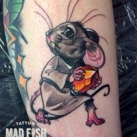 Cartoon style colored leg tattoo of mouse with diamond