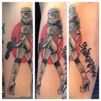 Cartoon style colored leg tattoo of sexy Storm Trooper woman with lettering