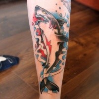 Cartoon style colored leg tattoo of shark with lightning symbol