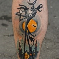 Cartoon style colored leg tattoo of The Nightmare before Christmas hero