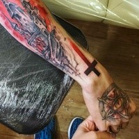Cartoon style colored mystical church with cross tattoo on arm