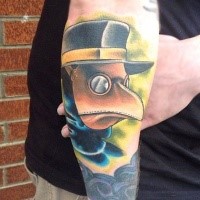 Cartoon style colored plague doctor tattoo on arm