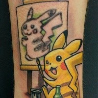 Cartoon style colored Pokemon tattoo on leg