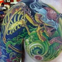 Cartoon style colored shoulder and chest tattoo of skeleton in green fog