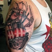 Cartoon style colored shoulder tattoo of viking with sailing ship