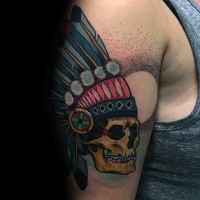 Cartoon style colored shoulder tattoo of Indian skull with helmet