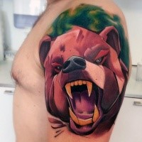 Cartoon style colored shoulder tattoo of roaring bear