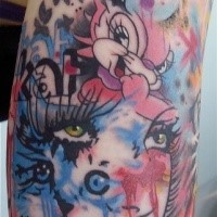 Cartoon style colored shoulder tattoo of sweet looking girl with rifle and cats