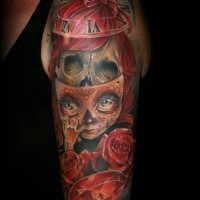 Cartoon style colored shoulder tattoo of creepy doll with clock and flowers