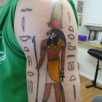 Cartoon style colored shoulder tattoo of Egypt wall paintings