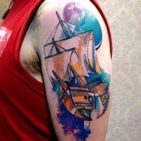 Cartoon style colored shoulder tattoo of cute sailing ship