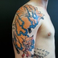 Cartoon style colored shoulder tattoo of big dragon