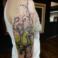 Cartoon style colored shoulder tattoo of big octopus