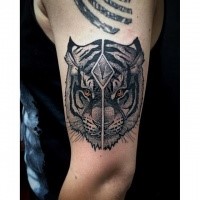 Cartoon style colored shoulder tattoo of tiger head