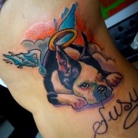 Cartoon style colored side tattoo of memorial dog portrait with lettering