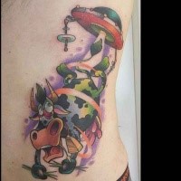 Cartoon style colored side tattoo of alien ship stealing cow