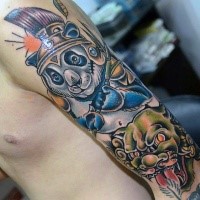 Cartoon style colored sleeve tattoo of japanese panda bear with demonic mask