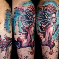 Cartoon style colored tattoo of fantasy mermaid