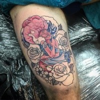 Cartoon style colored tattoo of fantasy woman with flowers