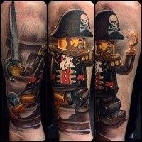 Cartoon style colored tattoo of Lego pirate with books