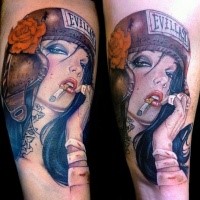 Cartoon style colored tattoo of sexy smoking woman with helmet