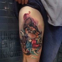 Cartoon style colored thigh tattoo of musketeer cat