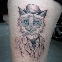 Cartoon style colored thigh tattoo of gentleman cat