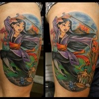 Cartoon style colored thigh tattoo of Asian woman with sword and flowers