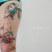Cartoon style colored thigh tattoo of cute monsters
