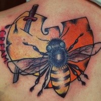 Cartoon style colored upper back tattoo of bee with interesting symbol, sword and lettering
