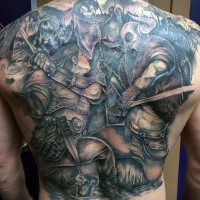 Cartoon style colored whole back tattoo of medieval fantasy warriors