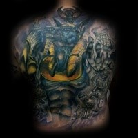 Cartoon style colored whole back tattoo of ancient Anubis God with skeletons