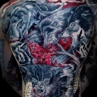 Cartoon style colored whole body tattoo of bloody wolves