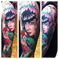Cartoon style colorful mystical seductive woman with apple tattoo on sleeve