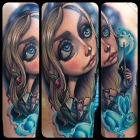 Cartoon style colorful mystical woman wizard tattoo with blue rabbit