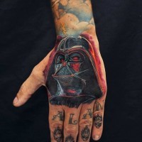 Cartoon style designed colored little hand tattoo of Darth Vader