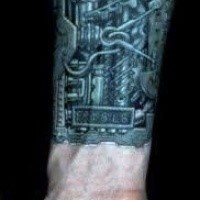 Cartoon style detailed forearm tattoo of mystical medieval mechanism