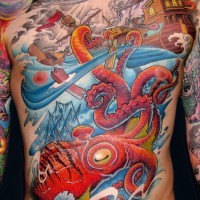 Cartoon style multicolored big whole chest and belly tattoo of massive octopus attacking sailing ship