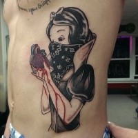 Cartoon style original designed colored side tattoo of Snow White with bloody heart