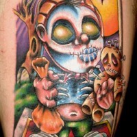 Cartoon style painted and colored creepy monster with money bag and voodoo doll tattoo on thigh
