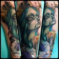 Cartoon style painted and colored evil witch queen tattoo on sleeve stylized with violet rose