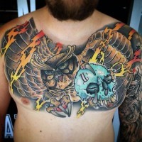 Cartoon style painted and colored flying owl with skull tattoo on chest stylized with lightning
