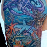 Cartoon style painted colored big underwater octopus half sleeve tattoo