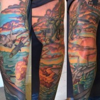 Cartoon style painted colorful military tattoo on sleeve