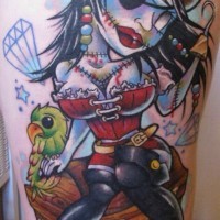 Tatuaje en el muslo, 
chica zombi pirata divertida con loro y tesoro