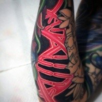 Cartoon style red colored forearm tattoo of DNA symbol