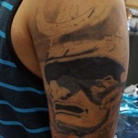 Cartoon style white colored mystical samurai mask tattoo on shoulder